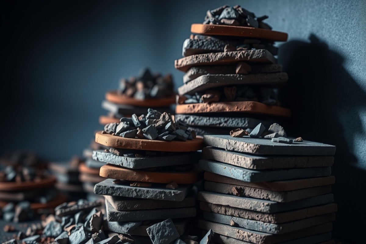 Stacks of rust and slate gaming chips lit from one side