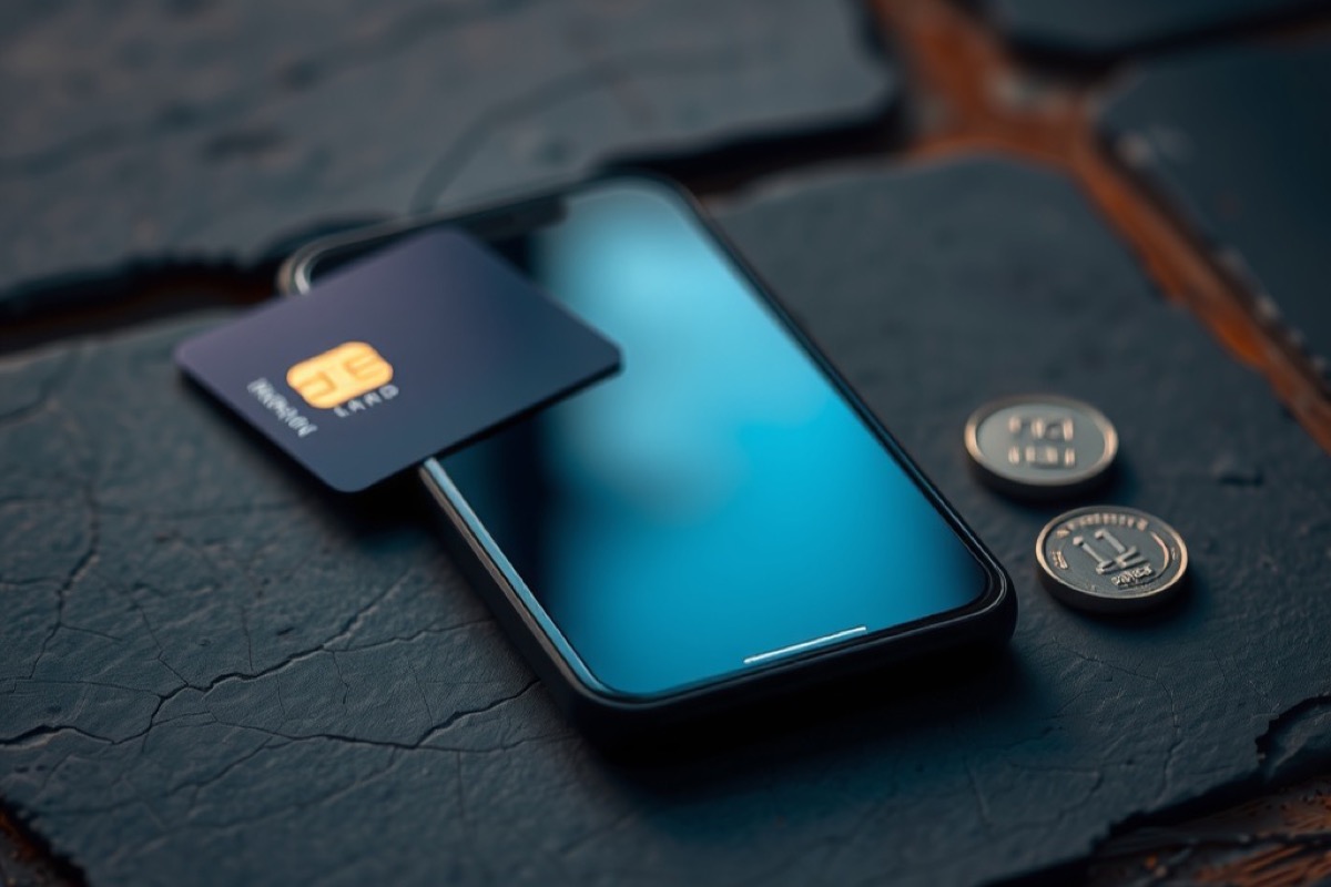 A smartphone on slate stone beside a bank card and coins