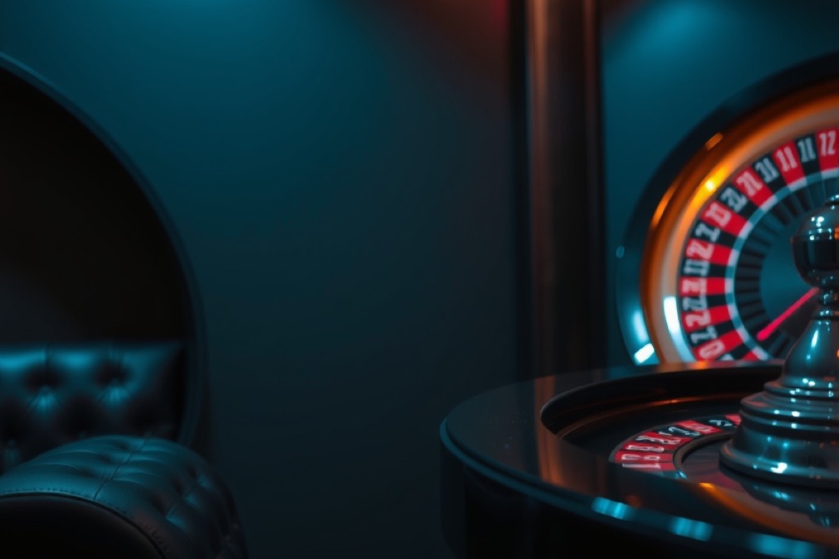 A roulette wheel glowing in a dark lounge