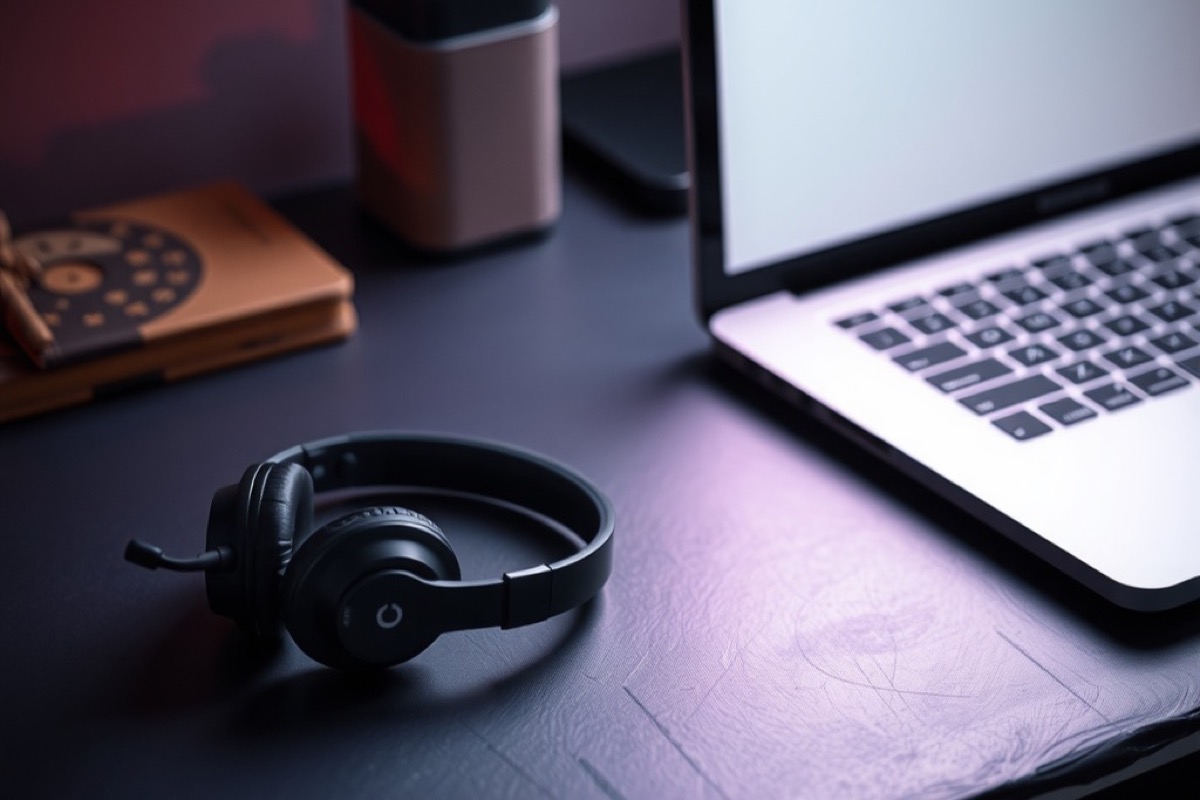 A headset resting on a slate desk beside a glowing laptop