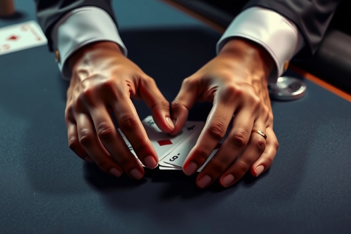 A croupier's hands dealing blackjack on a slate baize table