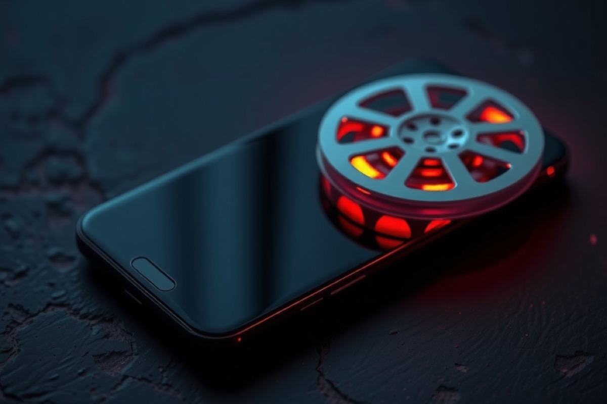 A smartphone on dark slate beside glowing spinning reels