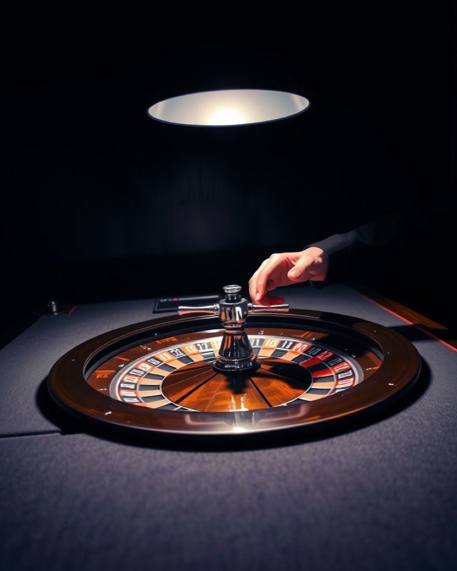 A croupier's hands spinning a roulette wheel under a low pendant lamp