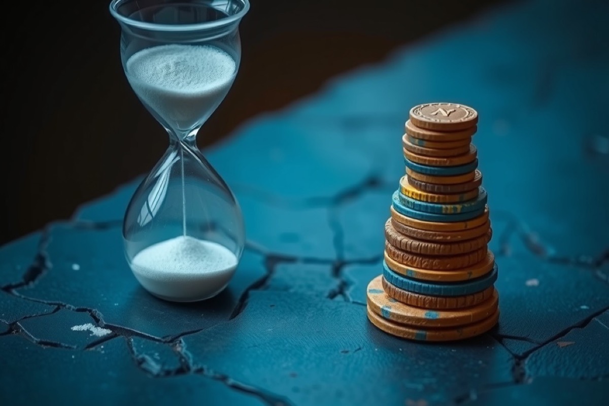 An hourglass beside a single stack of chips on slate stone