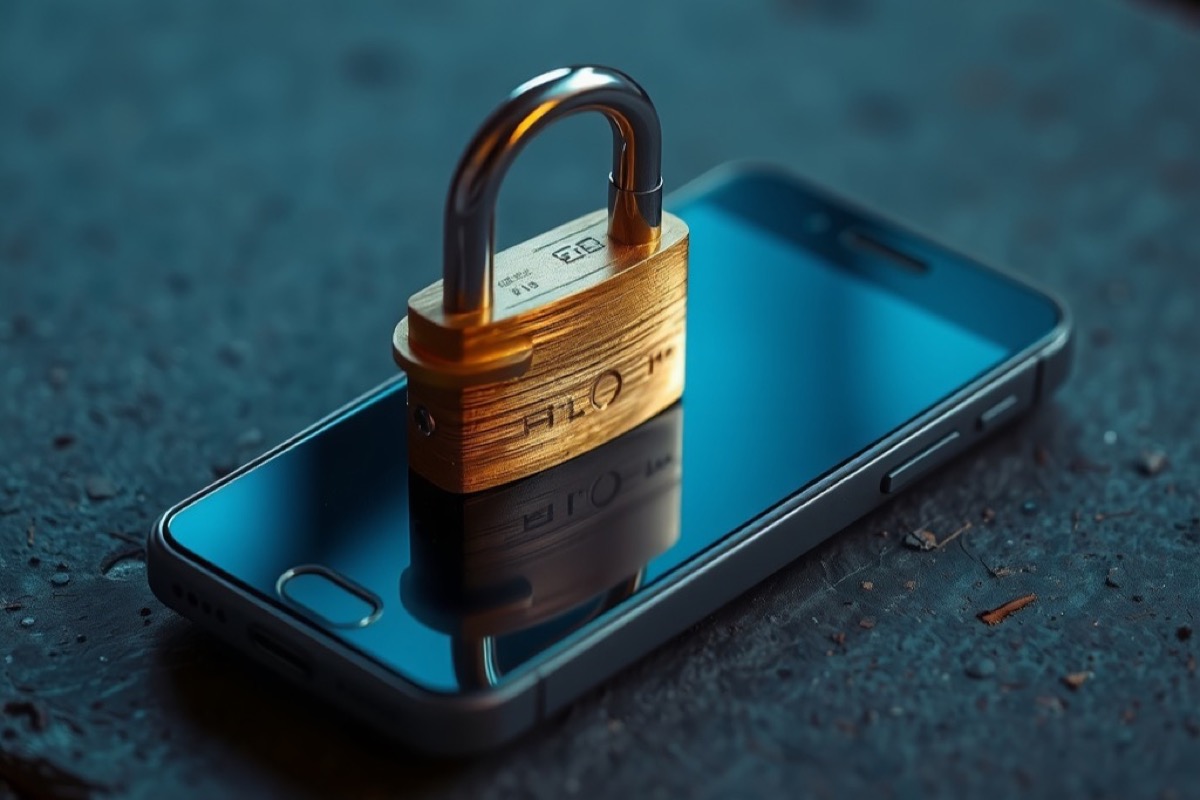 A padlock resting on a smartphone on slate stone