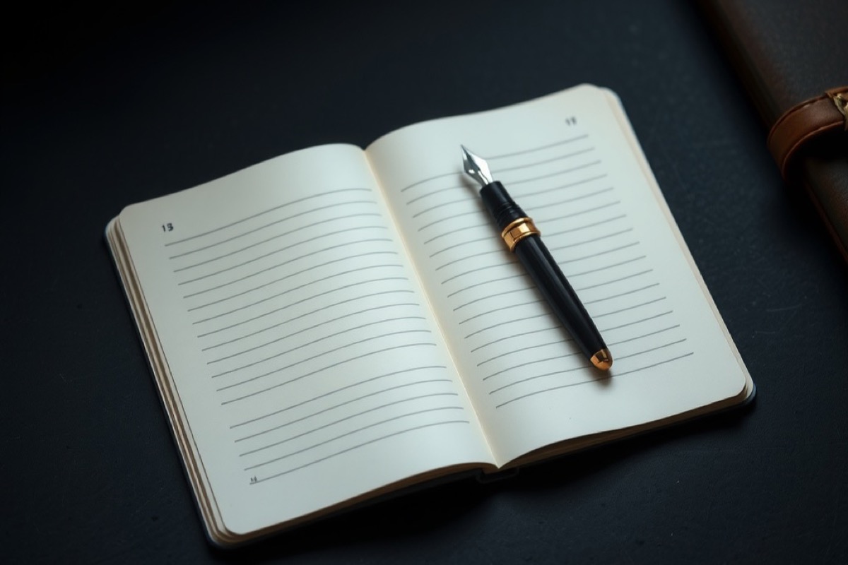 An open notebook with a fountain pen on a slate desk